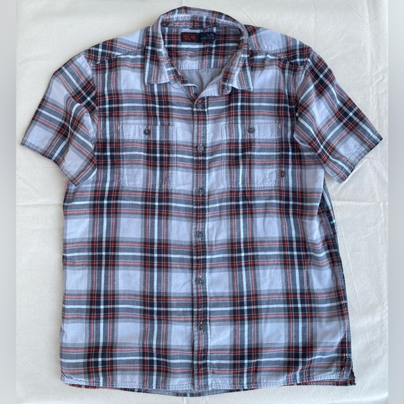 Mountain Hardwear Gray and Orange Lined Casual Button Front Short Sleeve Shirt - Picture 1 of 6